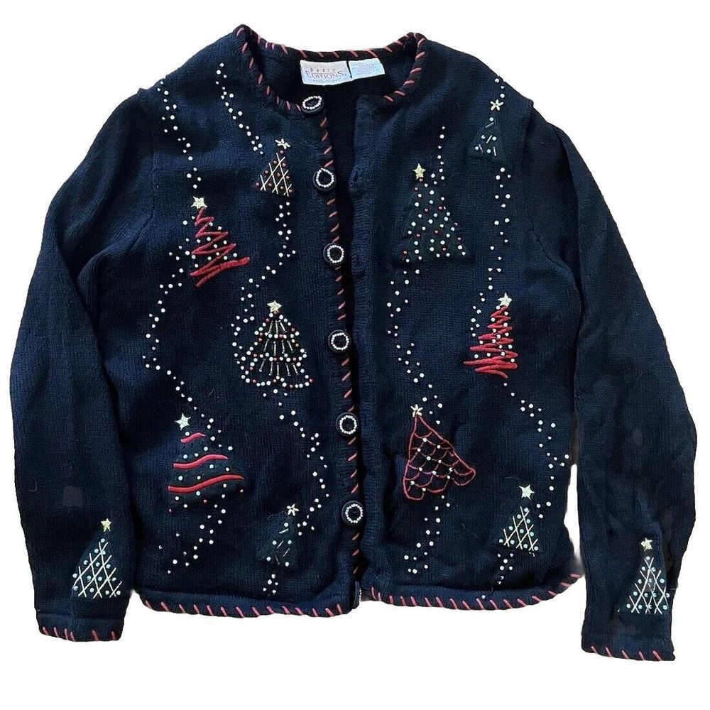 VTG Basic Editions Holiday Christmas Trees Sweater Cardigan - Black - Beaded